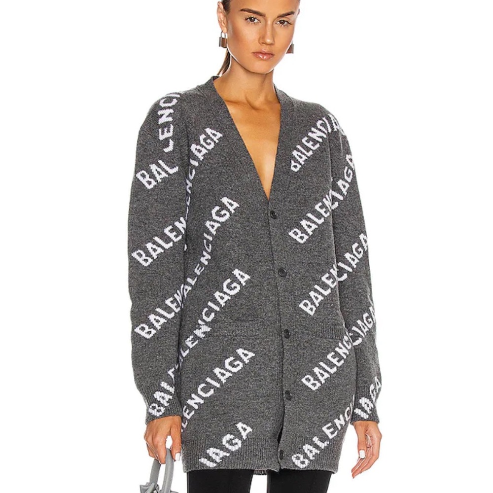 BALENCIAGA $1700 Oversized Wool All Over Logo Cardigan Grey XS